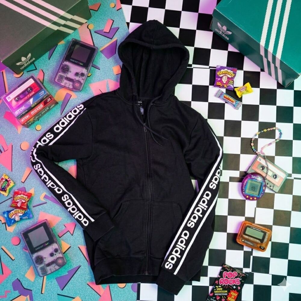 Retro Adidas Logo Sleeve Zip Up Hoodie Black Small